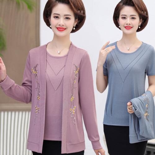 2pcs/set ,Embroidery Floral T-shirts Women 2021 Spring Fall Fashion Plus Size 5XL Middle Age Mother Tee Shirts Femme Suit Tops