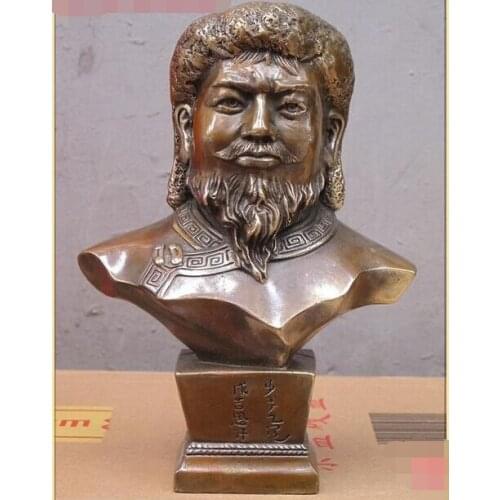 9"Chinese pure Bronze Genghis Khan Jenghiz Khan Bust sculpture Statue D0317