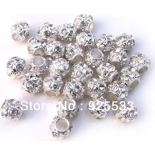 Free shipping 100pcs/pcs silver crystal rhinstone alloy big hole beads fit European DIY bracelet jewelry