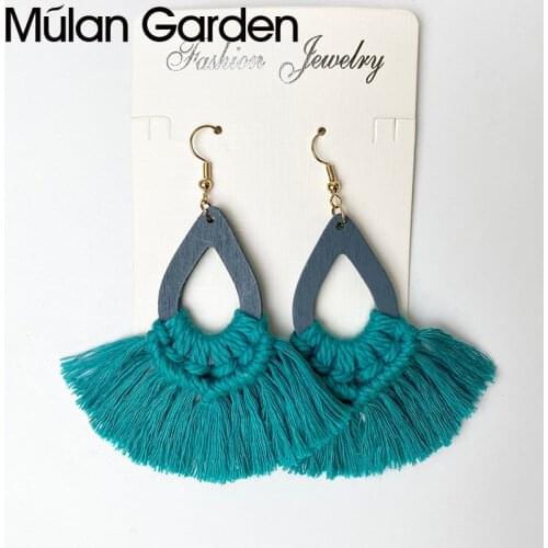 M&G Bohemian Wood Tassel Earrings for Women Bridesmaid Wedding Jewelry Ethnic Handmade Cotton Fringed Macrame Earrings Girl Gift