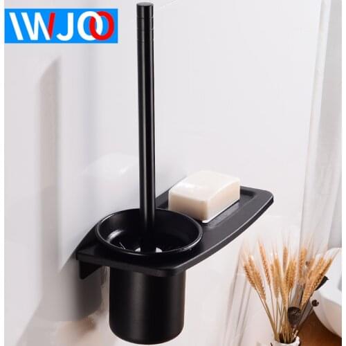 Toilet Brush Holder Black Aluminum Modern Toilet Brush Holder Set with Shelf Creative Wall Mounted Bath Cleaning Brush Holder