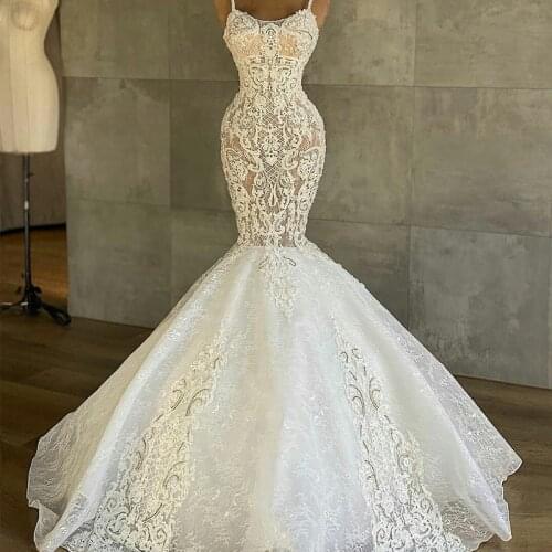 Illusion Chic Mermaid Wedding Dresses Sexy Spaghetti Lace Appliques Bridal Gowns Backless Wedding robes de mariée