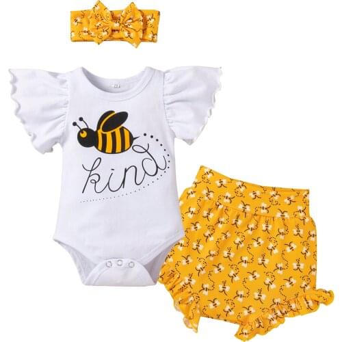 Infant Baby Girls Flying Sleeve Romper + Shorts + Bow Headband, Bee Cartoon Print Ruffle Decoration Summer Clothing