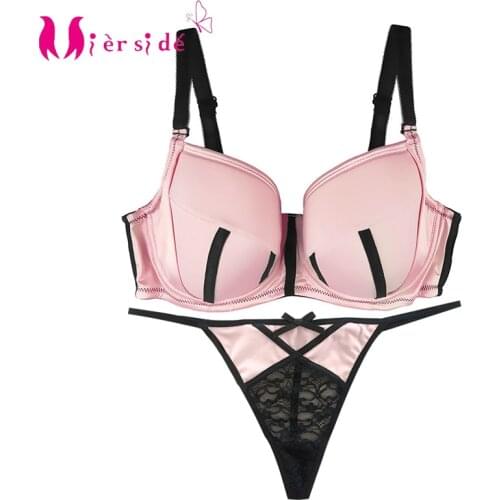 Mierside Womens Underwear Pink Stitching Bras And Lace G-string Sexy Plus Size Lingerie Set 32/34/36/38/40/42 D/DD/DDD(E)/F/G