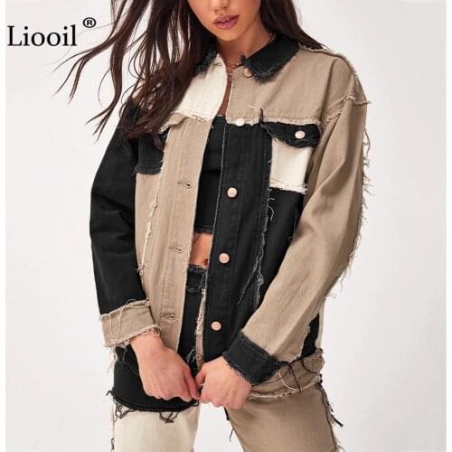 Liooil Patchwork Denim Loose Coats And Jackets Women Fall Winter Streetwear Color Block Jacket Button Up Pockets Sexy Thin Coat