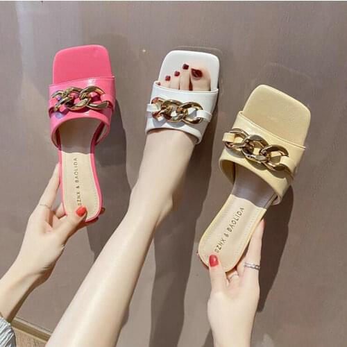 Summer new high-heeled one-word slippers womens square head half-drag fashion chain outer wear thin heel sandals