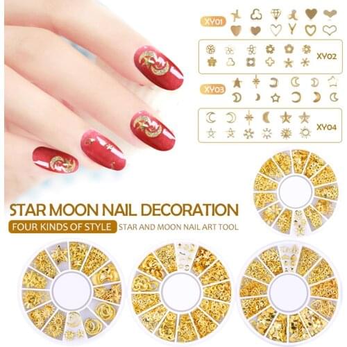 Metal 3D Moon Star Love Heart Flower Nail Decorations Patch Jewelry