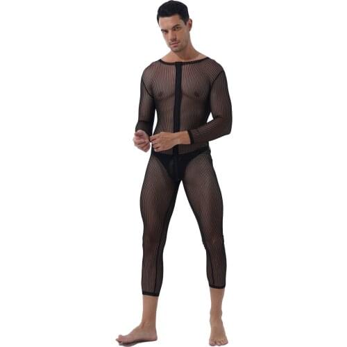 Men See-through Stripe/Leopard Print Bodycon Bodysuits Long Sleeve Sheer High Cut Catsuit Jumpsuits Sissy Lingerie Party Costume