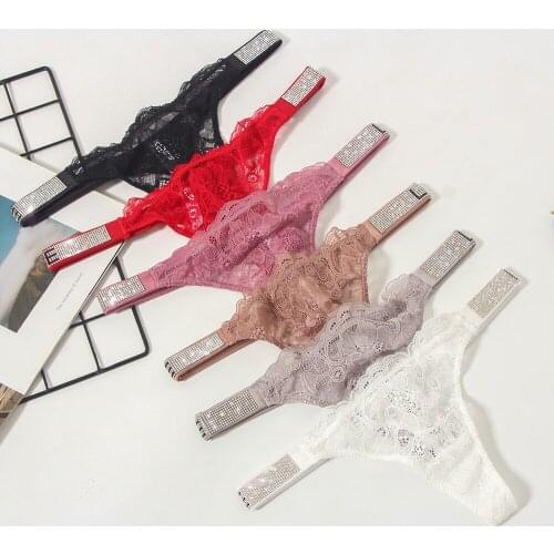New Ladies Sexy Rhinestone Shiny Lace Thong Low Waist Transparent Soft Seamless Briefs Panties