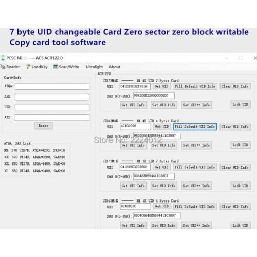 PCSC MF Copy Duplicate Software Clone back up MF1K S50 MF4K S70 chip 4 byte /7 byte UID Changeable rfid cards for ACR122U reader