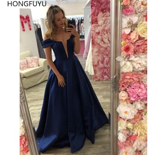 HONGFUYU Vestido De Festa A-line Long Evening Dress Off The Shoulder Prom Dresses Satin Navy Blue Formal Gowns Robe De Soiree
