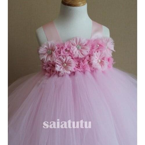 Girls Pink Flowers Wedding Tutu Dress princess party Children 20121 Handmade Tulle Costume Kids Formal Ball Gown Birthday Gifts
