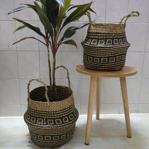 Handmade Woven Storage Basket Rattan Seagrass Garden Flower Vase Potted Planter Wicker Foldable Clothes Laundry Hanging Baskets