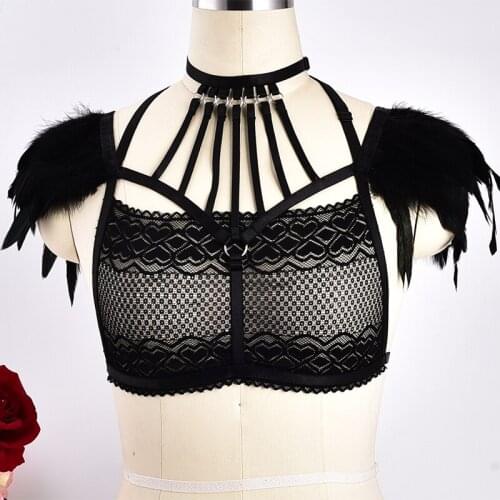 Black Feather Body Harness Epaulettes Lingerie Cage bra Bondage Punk Goth Angel Feather Wings Tops Party Dance Festival Rave