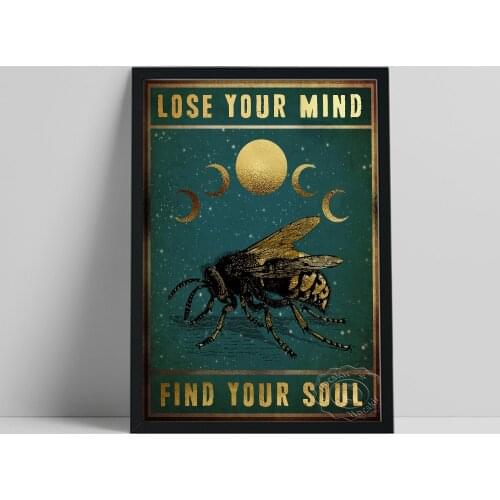 Lose Your Mind Find Your Sooul Poster, Bee Moon Illustration Prints Art, Vintage Animal Wall Stickers, Yoga Studio Painting Gift