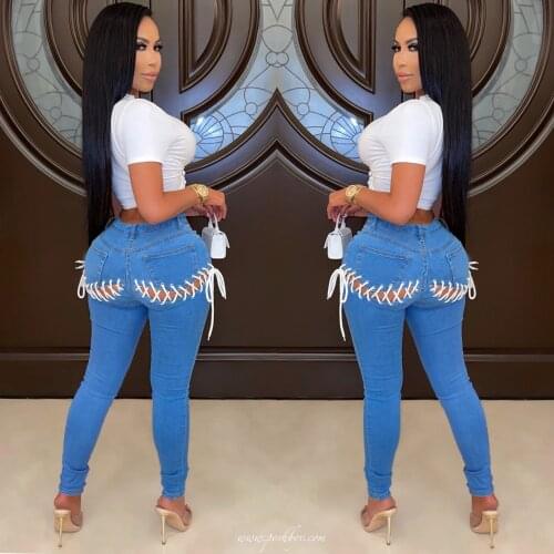 Sexy Hip Cut Out Hollow Out Bandage Stretchy Skinny Jeans Women High Waist Streetwear Lace Up Denim Pencil Pants