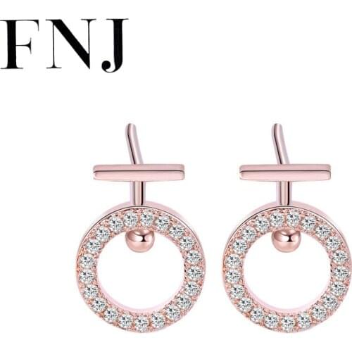 FNJ Round Earrings 925 Silver Jewelry Original Pure S925 Sterling Silver Stud Earring for Women White Zircon Rose gold color