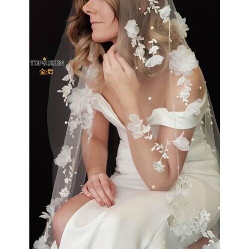 TOPQUEEN V52 3D Decals Flowers Applique Cathedral Wedding Veil without Comb Bridal Veil with Rose Petals Cover Front and Back