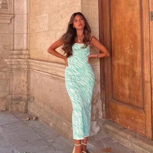 Foridol Zebra Print Knitted Backless Autumn Dress Strap Sleeveless Bodycon Maxi Long Dress Vestidos Casual Green Party Dress