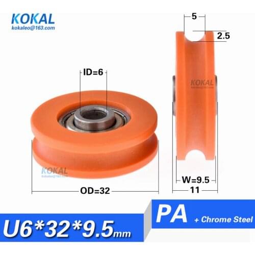 [U0632-9.5]Free shipping 10pcs PA66 Nylon coated nonstandard ball bearing U groove flute wheel 6mm*32mm*9.5mm orange wheel