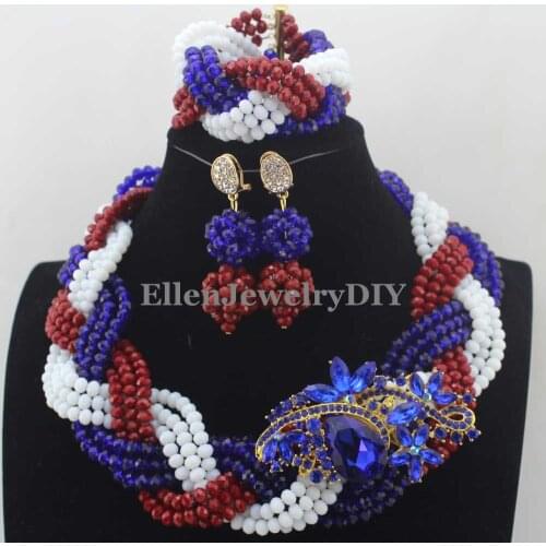 Amazing New Royal Blue/Red/White Costume African nigerian Wedding Beads Jewelry Set Crystal Beaded necklace jewelry Set W13493