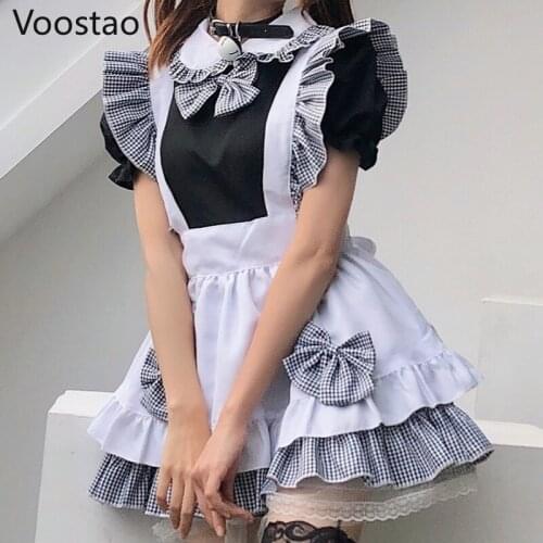 Japanese Gothic Lolita Dress Women Sweet Cat Black Plaid Bow Ruffles Party Mini Dress Victorian Girls Cute Apron Maid Dresses