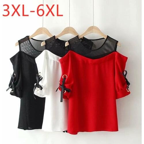 New 2021 summer plus size tops for women large blouse short sleeve casual loose off shoulder chiffon shirt red 3XL 4XL 5XL 6XL