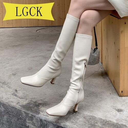 Big Size 34-40 Women Genuine Leather Knee-High Slouchy Boots Pointy Toe Chunky Heel Slouch Long Boots Ladies Winter Heeled Shoes