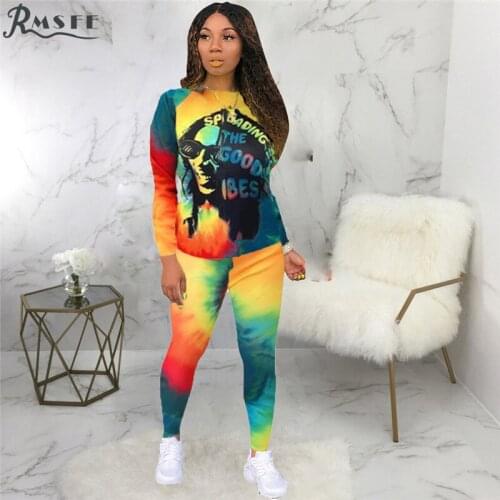 RMSFE 2021 European And American Womens Long Sleeve Round Neck Lovely Tie Dye Letter Print Multicolor Two Piece Pants Suit Set