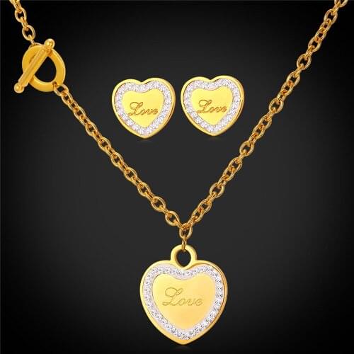 Collare Crystal Heart Jewelry Sets For Women Love Gift Gold Color Rhinestone Stainless Steel Stub Earrings Necklace Sets S250
