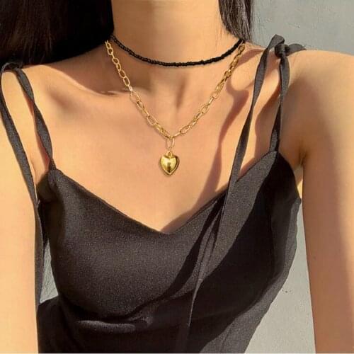 Punk Vintage Love Heart Pendant Necklace For Women Gold Silver Color Multi Layer Chunky Chain Choker Necklace Jewelry Gift