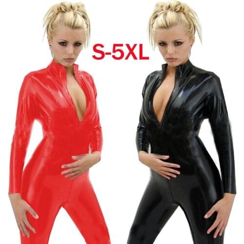 Women Sexy Black PU Leather Bodysuit High Collar Punk Catsuit Fantasias Long Sleeve Bodice Playsuit Plus Size 3XL 4XL 5XL