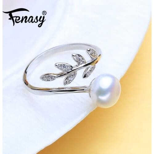 FENASY Natural Freshwater Pearl Rings For Women Bohemian Leaf 925 Sterling Silver Ring Jewelry CZ Cubic Zirconia Ring