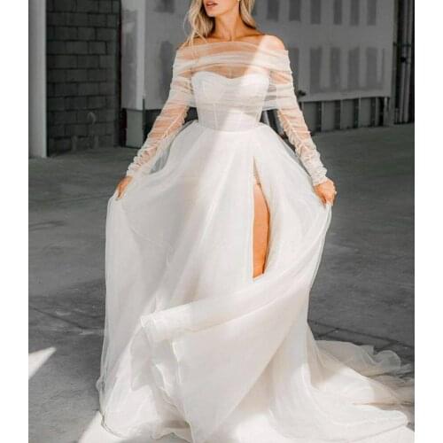 Elegant A-Line Long Tulle Wedding Dresses with Slit Floor Length Pleated Zipper Back White Maxi Bridal Gowns for Women