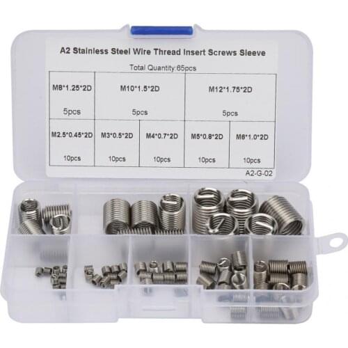 65Pcs M2.5-M12 Thread Repair Insert Kit Coiled Wire Threaded Insert Stainless Steel Thread Helical Screws Sleeve Set Fasteners