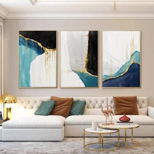 Abstract Oil Painting on Canvas Poster and Print Wall Art Abstract Golden and Blue Pictures for Living Room Home Decor No Frame