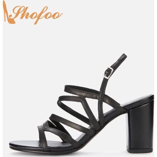 Black Women Sandals Narrow Band High Chunky Heels Buckle Strap Ladies Summer Fashion Casual Mature Shoes Large Size 13 15 Shofoo