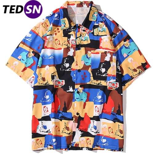 Hawaii Beach Shirts Men 2020 Cartoon Graffiti Summer Streetwear Short Sleeve Shirt Casual Cotton Harajuku Vintage