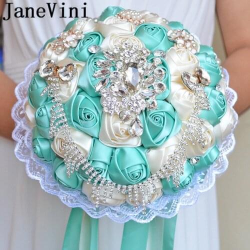 JaneVini Mint Satin Bride Flower Bouquet Bridal Jewelry Sparkly Crystals Stones Lace Edge Bead Wedding Bouquet Rose Rosse Purple