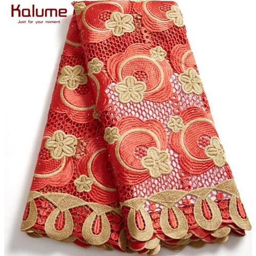 Kalume Red Guipure Lace Fabric 5 Yards African Nigerian Cord Lace Fabric Stones High Quality For Wedding Diy Dress Sewing F2551