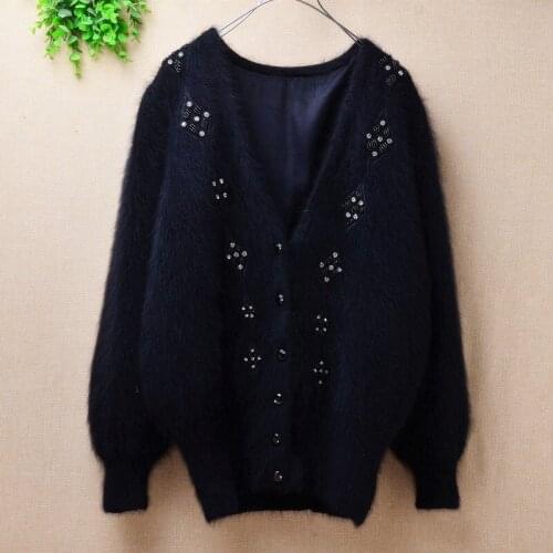 Old fashion ladies women winter casual beading long sleeves Plush MInk cashmere knitted Sweater Coat Mantle angora fur overcoat