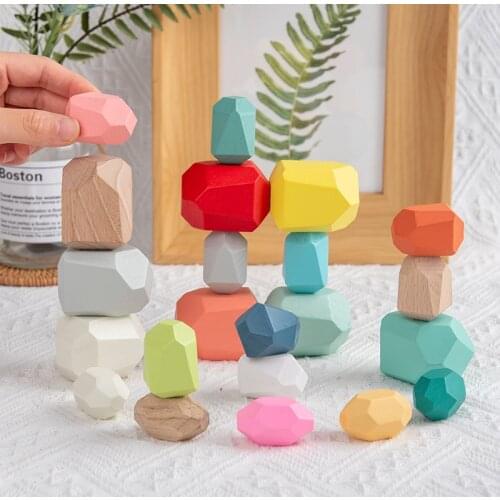 Baby Toy Wooden Jenga Building Block Colored Stone Creative Educational Toys Nordic Style Stacking Game Rainbow Stone Wooden Toy