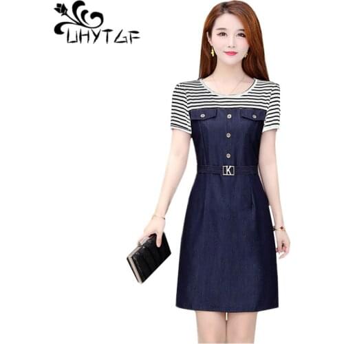 UHYTGF Summer dress womens fashion striped stitching elegant dress short sleeve O neck loose bandage 5XL plus size dresses 830