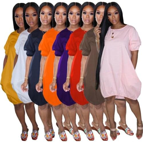 Summer Women Lantern Dresss 8 Colors In Stock 2020 Fashion Short Sleeves Round Neck Loose Short Casual Dress Knee Lengh New