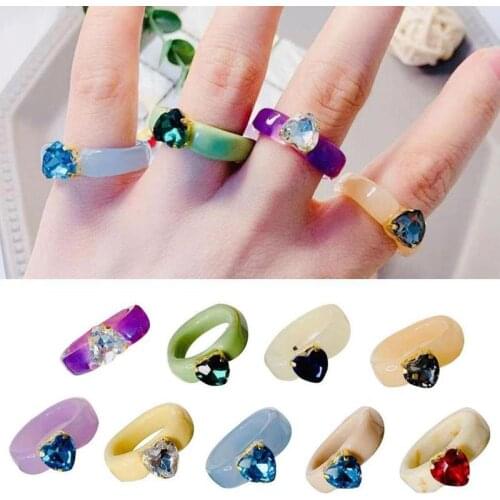 Fashion Acrylic Colorful Korea Rhinestone Rings Women 2021 Big Transparent Girls Vintage Female Beautiful Jewelry