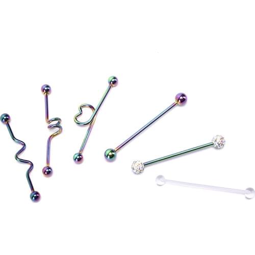 6Pcs/Set Fashion Stainless Steel Industrial Barbell Earrings Heart Arrow Rainbow Ear Cartilage Helix-Conch Piercing Jewelry