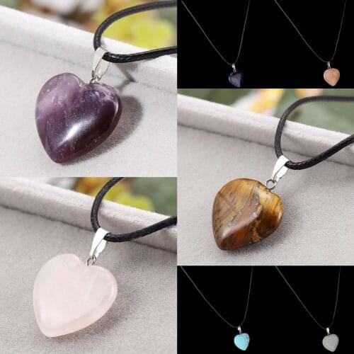 Natural Quartz Tiger Eye Rose Purple Crystal Stone Love Heart Charm Pendant Leather Chain Necklace Women Girls Jewelry Gifts