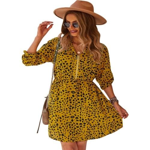 Autumn Dress Women Robe Femme Leopard Print A-Line Dresses Drawstring Zipper V-Neck Long Sleeve Dress For Woman Vestido De Mjuer