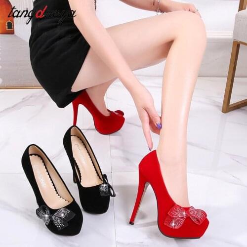 Rhinestones platform heels Super High Heel Womens Shoes Waterproof Platform Single Shoes Hate High red Sexy 14Cm Large Size 46