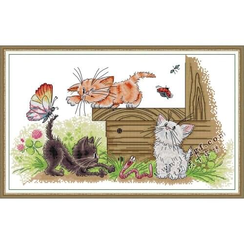 Everlasting Love Three Cats Flapping Butterflies Chinese Cross Stitch Kits Ecological Cotton Easy for Beginners Home Decoration